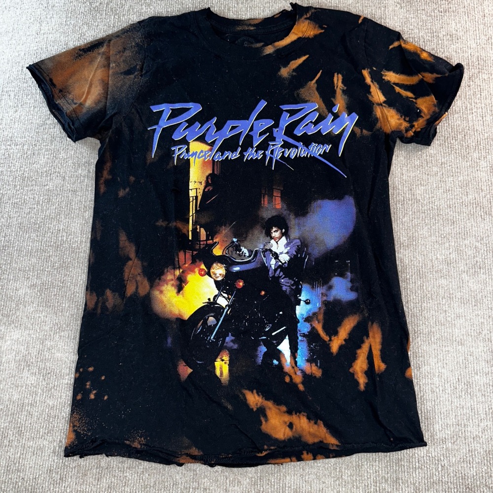 Prince Purple Rain Bleach Dye Graphic T-Shirt Blackā Small Rock Band Tee